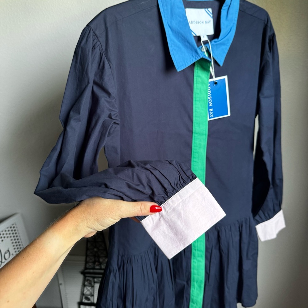 NWT Addison Bay Lane Color Block Point Collar Peplum Dropped Waist Flounce Dress - Picture 9 of 10